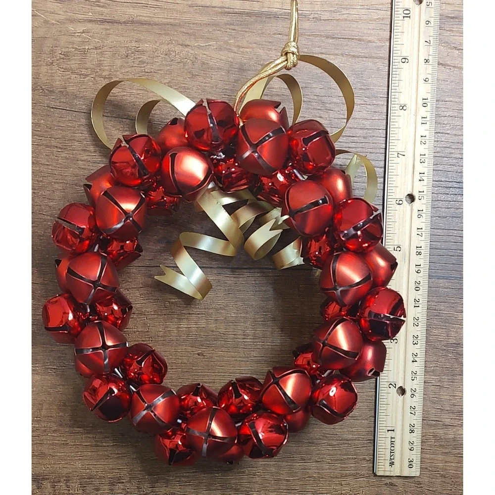 Vintage MCM Red Holly Jingle Bells Christmas Wreath Shiny Matte Mixed Metal D2